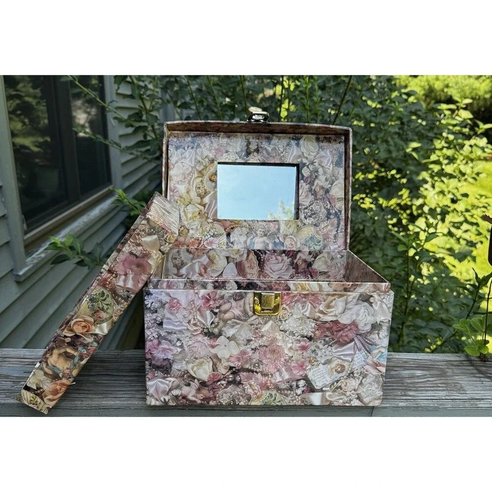 Shabby Chic Romantic Floral Cherub Train Case Jewelry Box Mirror Lid⁠